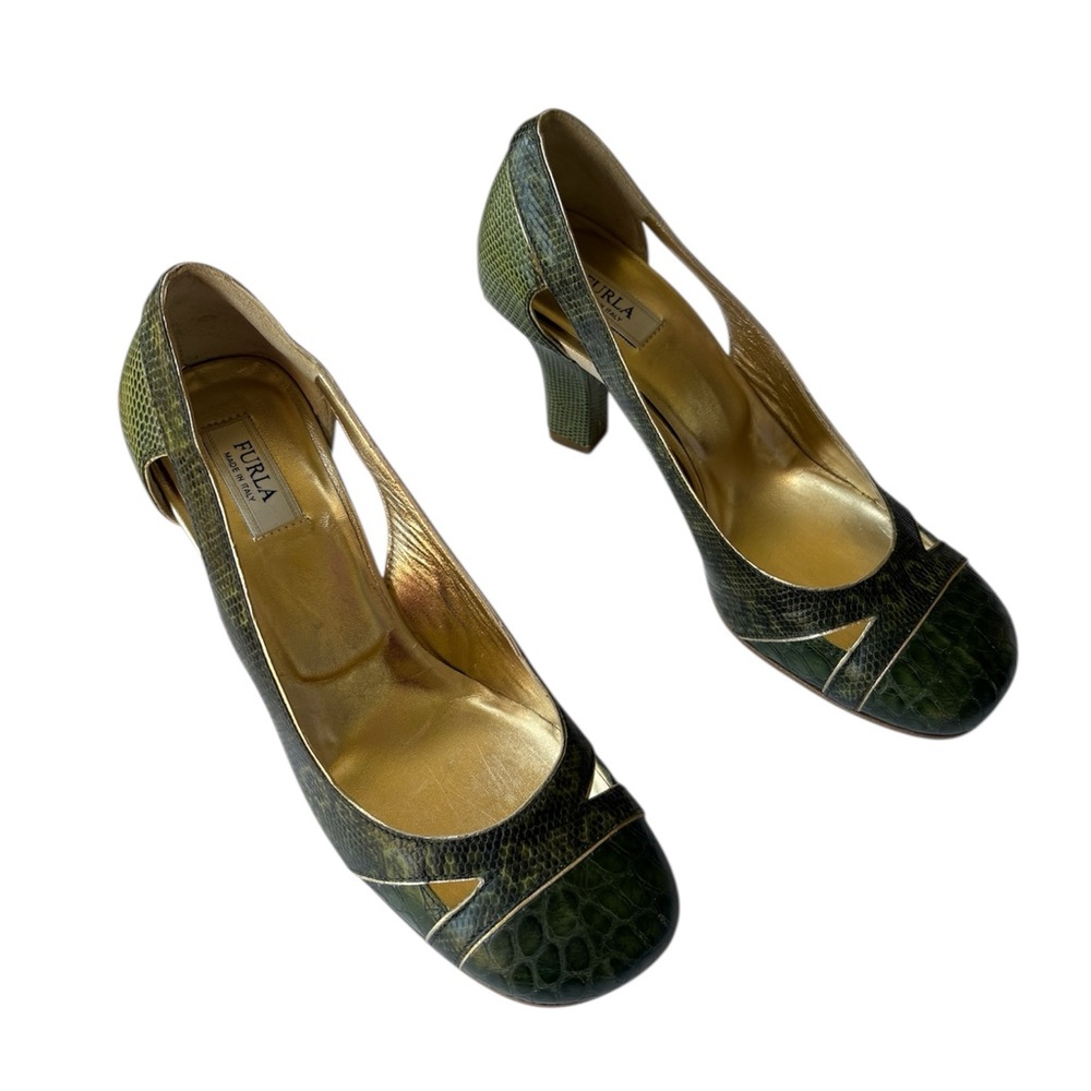 Furla Made in Italy Green Reptile Embossed Block Heel Pumps EU 35 (US 4–4.5) NEW - Picture 2 of 9